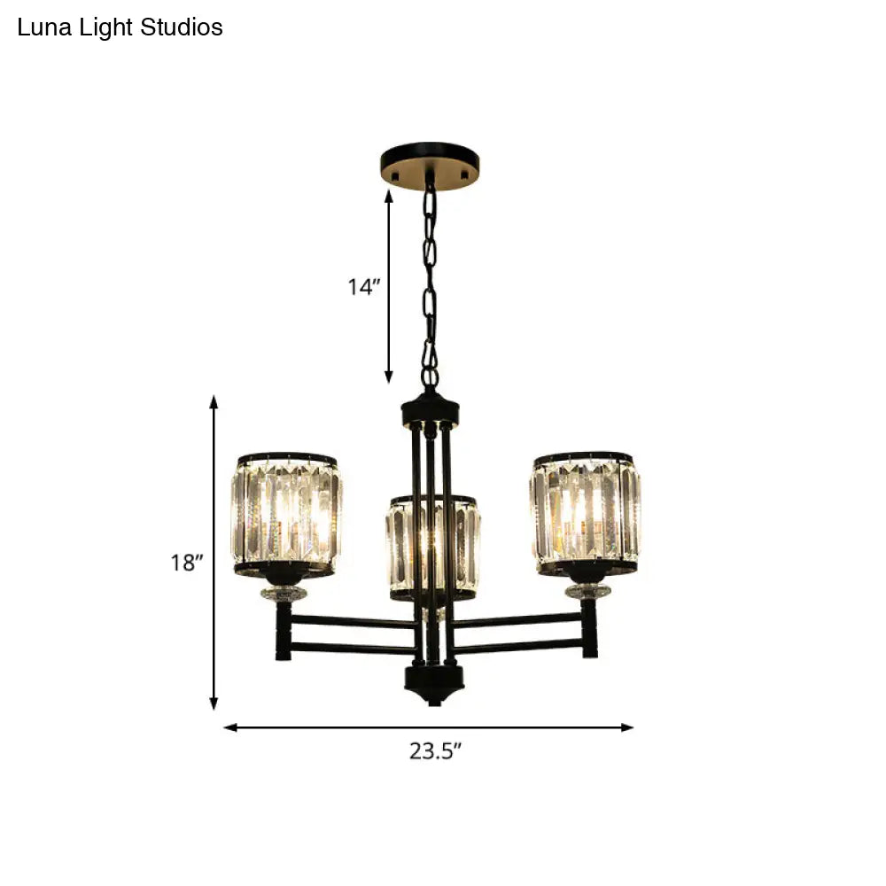 Retro Cylindrical Chandelier Pendant Light - Black Finish Crystal Accent Adjustable Chain 3/6/8