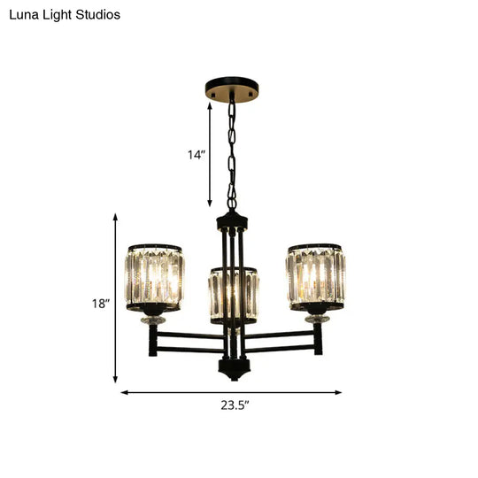 Retro Cylindrical Chandelier Pendant Light - Black Finish Crystal Accent Adjustable Chain 3/6/8