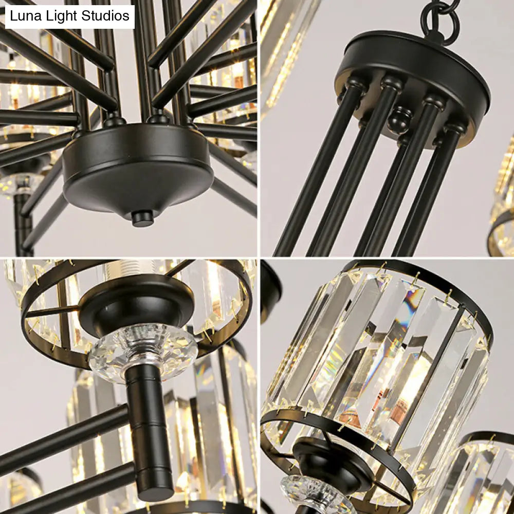 Retro Crystal Pendant Light With Adjustable Chain - Black 3/6/8 Lights