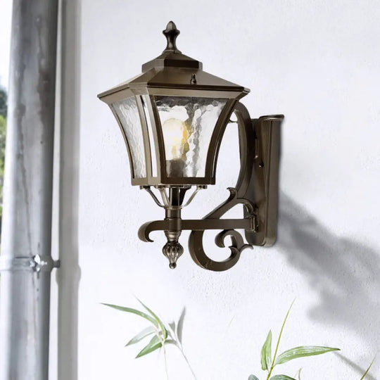 Retro Dark Coffee Lantern Sconce Light Outdoor Wall Lamp With Clear Water Glass And Single Bulb