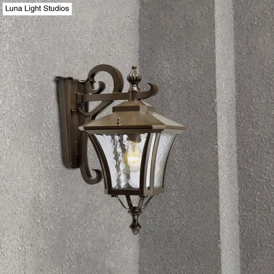 Retro Dark Coffee Lantern Sconce Light Outdoor Wall Lamp With Clear Water Glass And Single Bulb