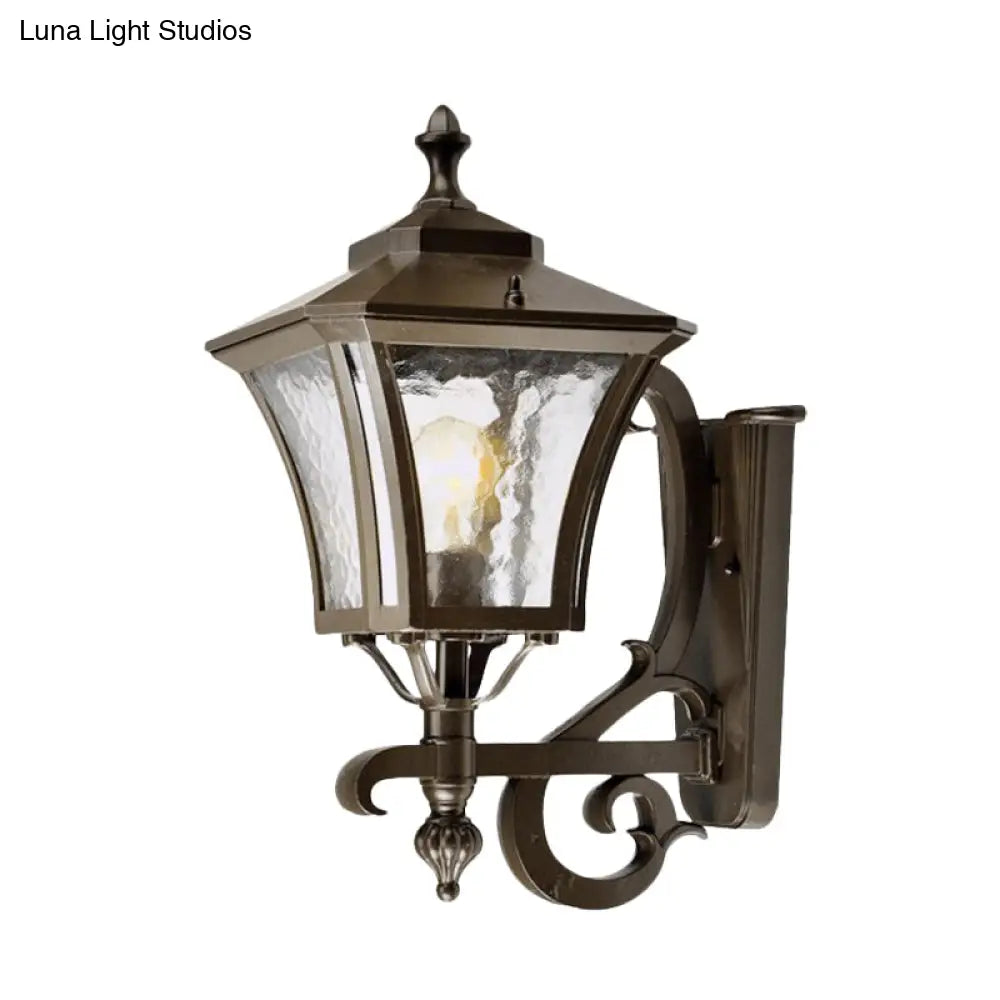 Retro Dark Coffee Lantern Sconce Light Outdoor Wall Lamp With Clear Water Glass And Single Bulb