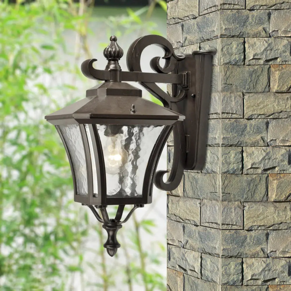 Retro Dark Coffee Lantern Sconce Light Outdoor Wall Lamp With Clear Water Glass And Single Bulb