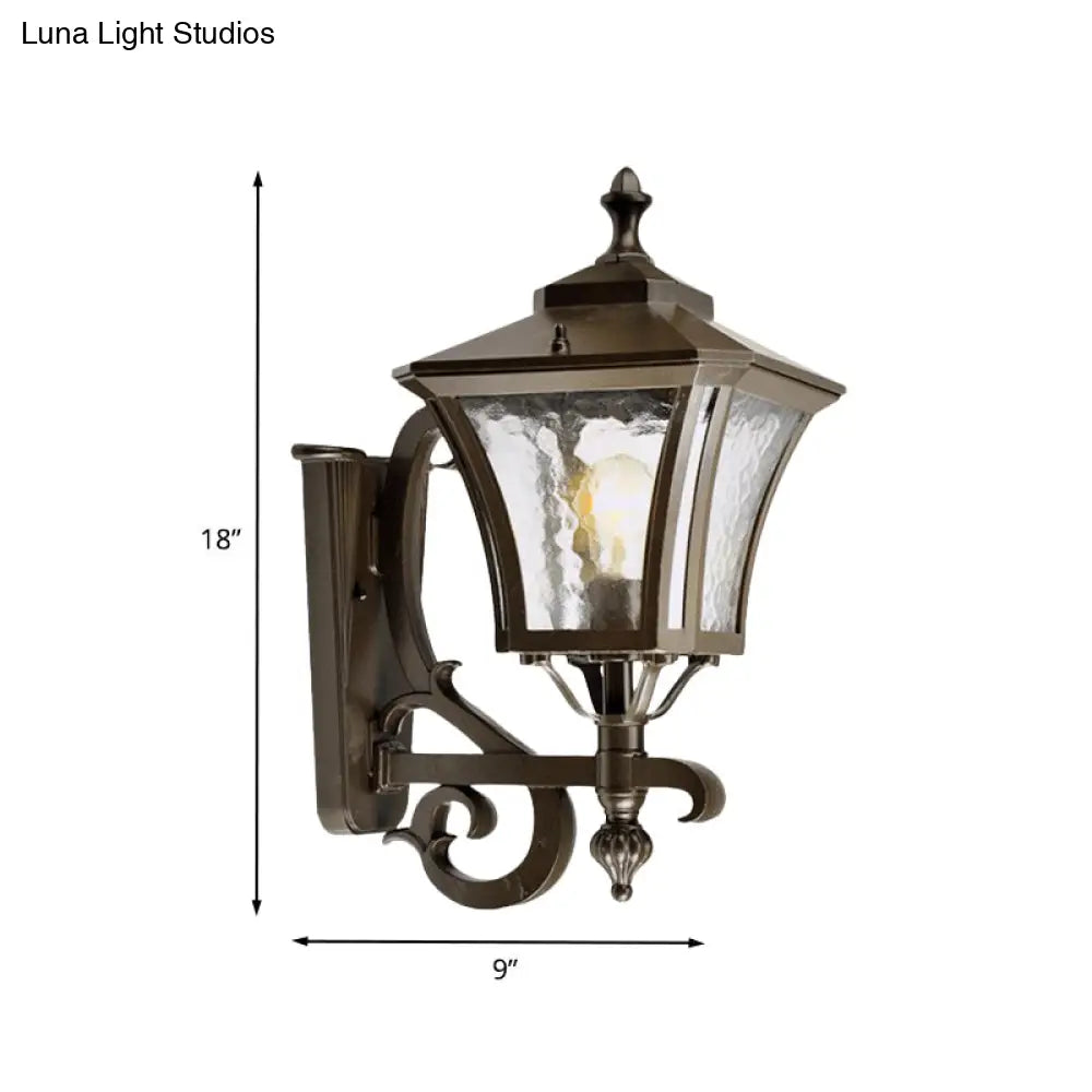 Retro Dark Coffee Lantern Sconce Light Outdoor Wall Lamp With Clear Water Glass And Single Bulb