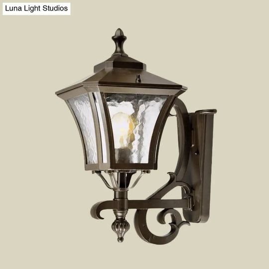 Retro Dark Coffee Lantern Sconce Light Outdoor Wall Lamp With Clear Water Glass And Single Bulb