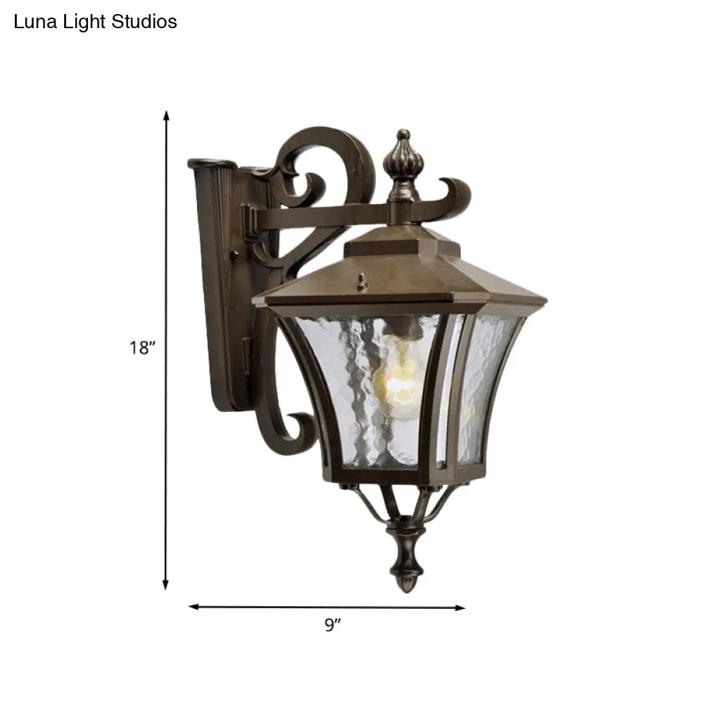 Retro Dark Coffee Lantern Sconce Light Outdoor Wall Lamp With Clear Water Glass And Single Bulb