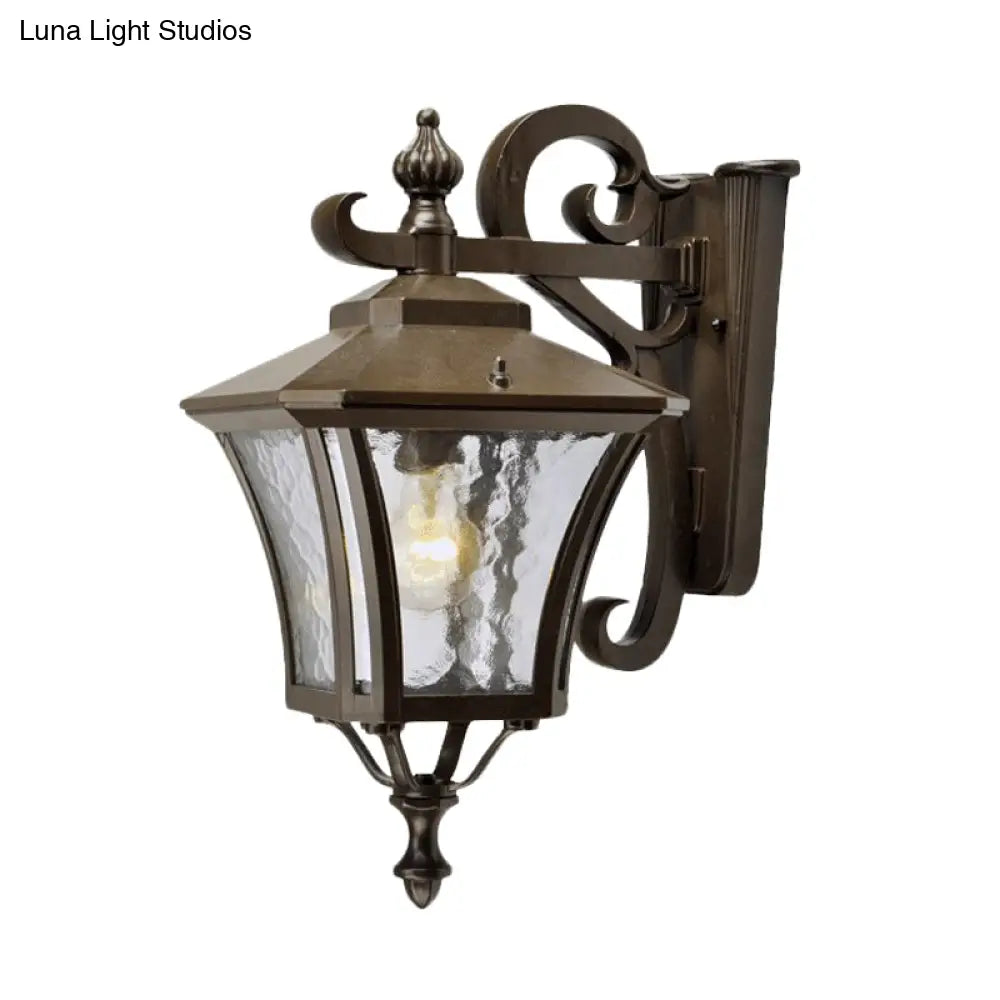 Retro Dark Coffee Lantern Sconce Light Outdoor Wall Lamp With Clear Water Glass And Single Bulb