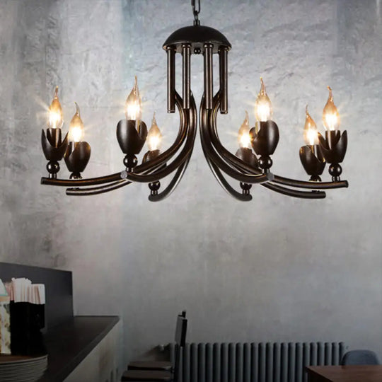 Retro Dark Rust Chandelier With 8 Candle Bulbs - Wrought Iron Pendant Lamp Curved Arm