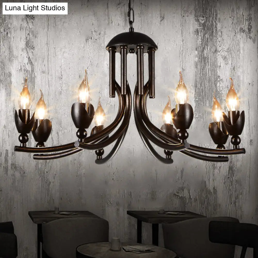 Retro Dark Rust Chandelier With 8 Candle Bulbs - Wrought Iron Pendant Lamp Curved Arm