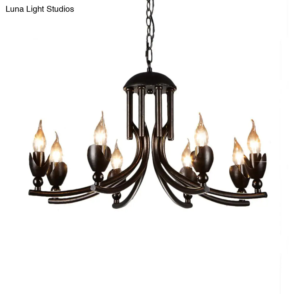 Rustic Iron Candle Chandelier With Curved Arm - 8-Bulb Pendant Lamp Retro Style