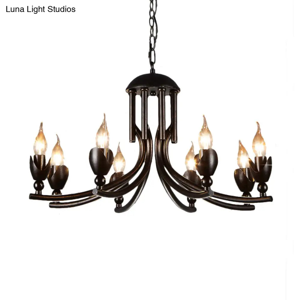 Retro Dark Rust Chandelier With 8 Candle Bulbs - Wrought Iron Pendant Lamp Curved Arm