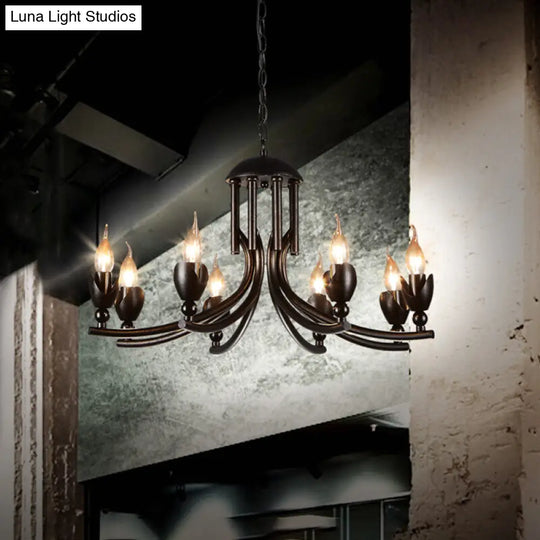 Rustic Iron Candle Chandelier With Curved Arm - 8-Bulb Pendant Lamp Retro Style