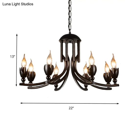 Retro Dark Rust Chandelier With 8 Candle Bulbs - Wrought Iron Pendant Lamp Curved Arm