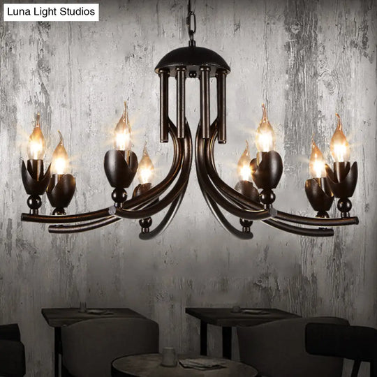 Rustic Iron Candle Chandelier With Curved Arm - 8-Bulb Pendant Lamp Retro Style