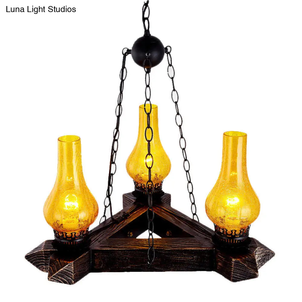 Amber Crackle Glass Ceiling Chandelier | Retro Dark Wood & Vase Design 3-Light Suspension Light For