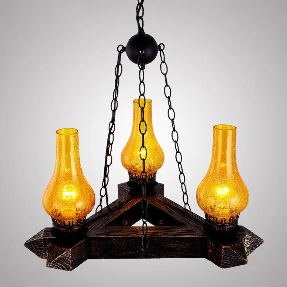 Retro Dark Wood Vase Chandelier With Amber Crackle Glass Ceiling And 3 Lights – Ideal For