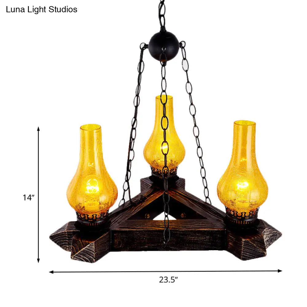 Retro Dark Wood Vase Chandelier With Amber Crackle Glass Ceiling And 3 Lights – Ideal For