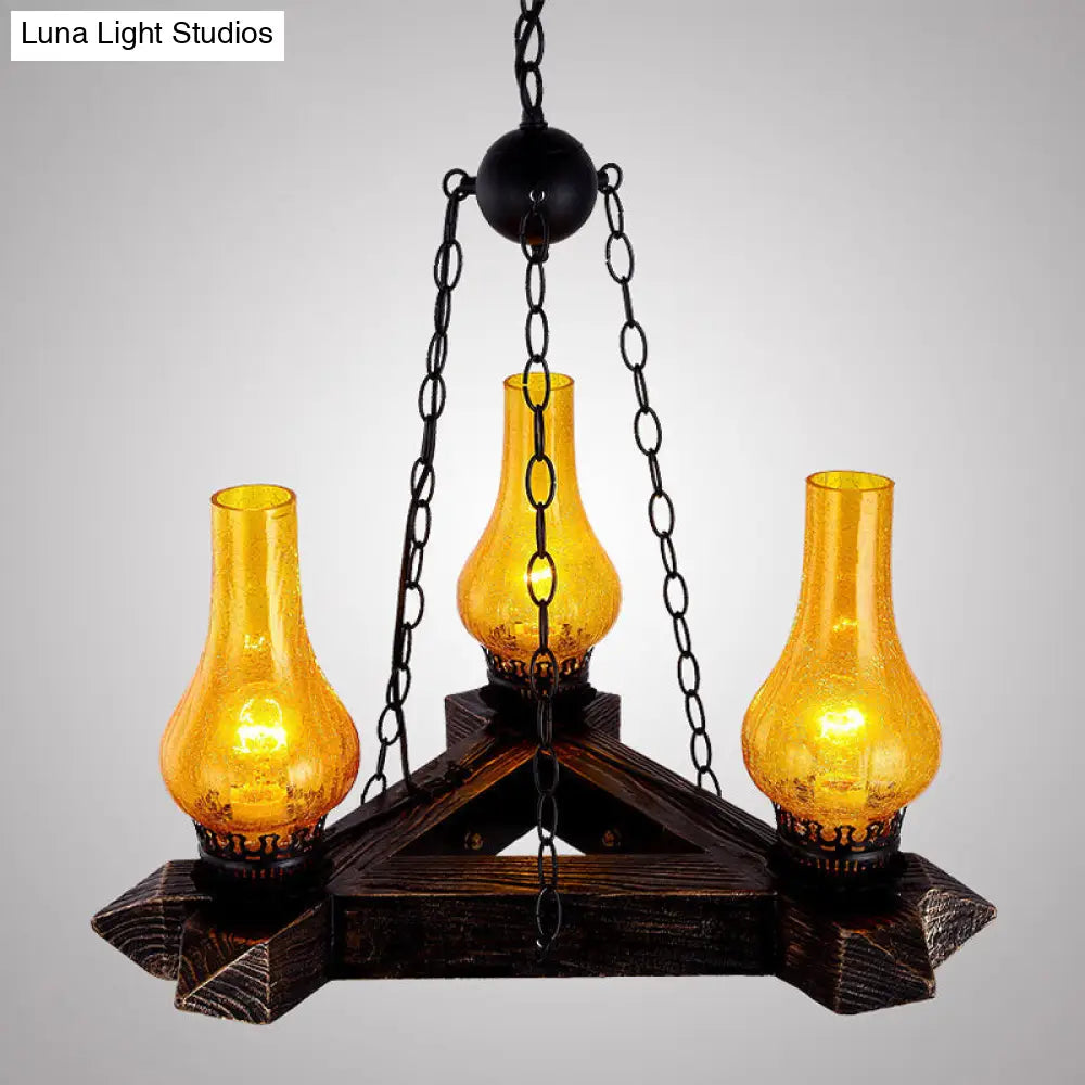 Amber Crackle Glass Ceiling Chandelier | Retro Dark Wood & Vase Design 3-Light Suspension Light For