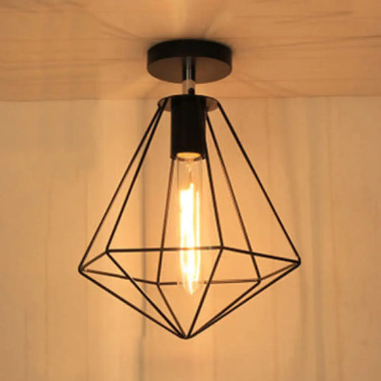 Retro Diamond Cage Ceiling Lamp - Metallic Semi Flush Mount Light For Kitchen In Black