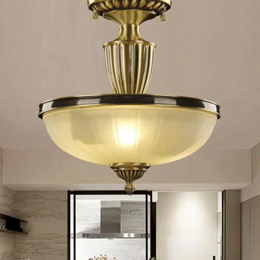 Retro Dome Glass Ceiling Light With Gold Metal Rod - 2-Bulb Semi Mount Lighting