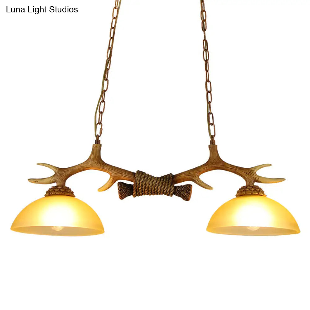 Retro Dome Pendant Light With Beige Glass And Decorative Deer Horn - Set Of 2