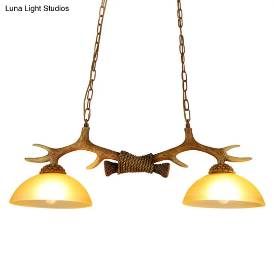 Retro Dome Pendant Light With Beige Glass And Decorative Deer Horn - Set Of 2