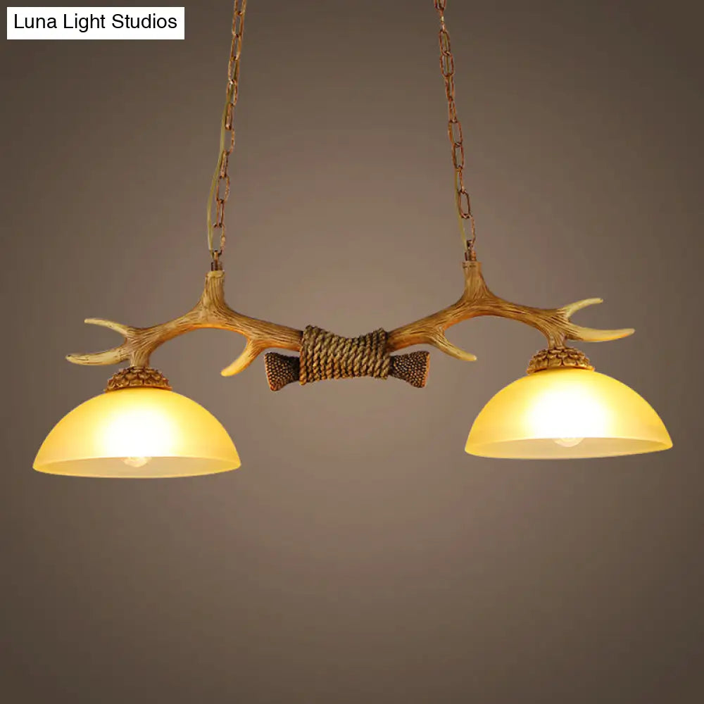 Retro Dome Pendant Light With Beige Glass And Decorative Deer Horn - Set Of 2