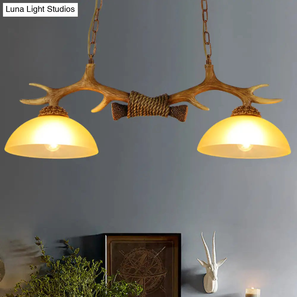 Retro Dome Pendant Light With Beige Glass And Decorative Deer Horn - Set Of 2