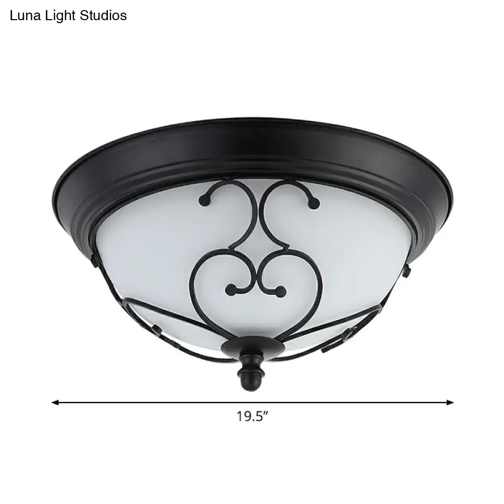 Retro Dome Shade Flush Ceiling Light - Milky Glass Flushmount With Curved Decor In Black