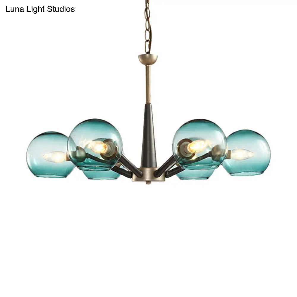 Retro Dome Shade Hanging Chandelier - White/Blue/Clear Glass 6 Light Lounge Pendant With Burst