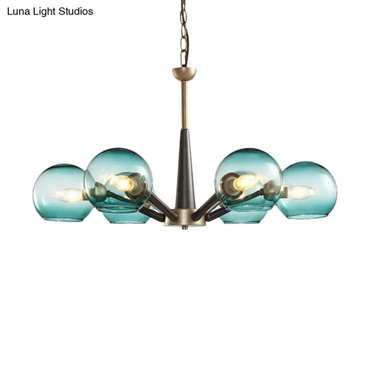 Retro Dome Shade Hanging Chandelier - White/Blue/Clear Glass 6 Light Lounge Pendant With Burst