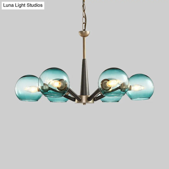 Retro Dome Shade Hanging Chandelier - White/Blue/Clear Glass 6 Light Lounge Pendant With Burst