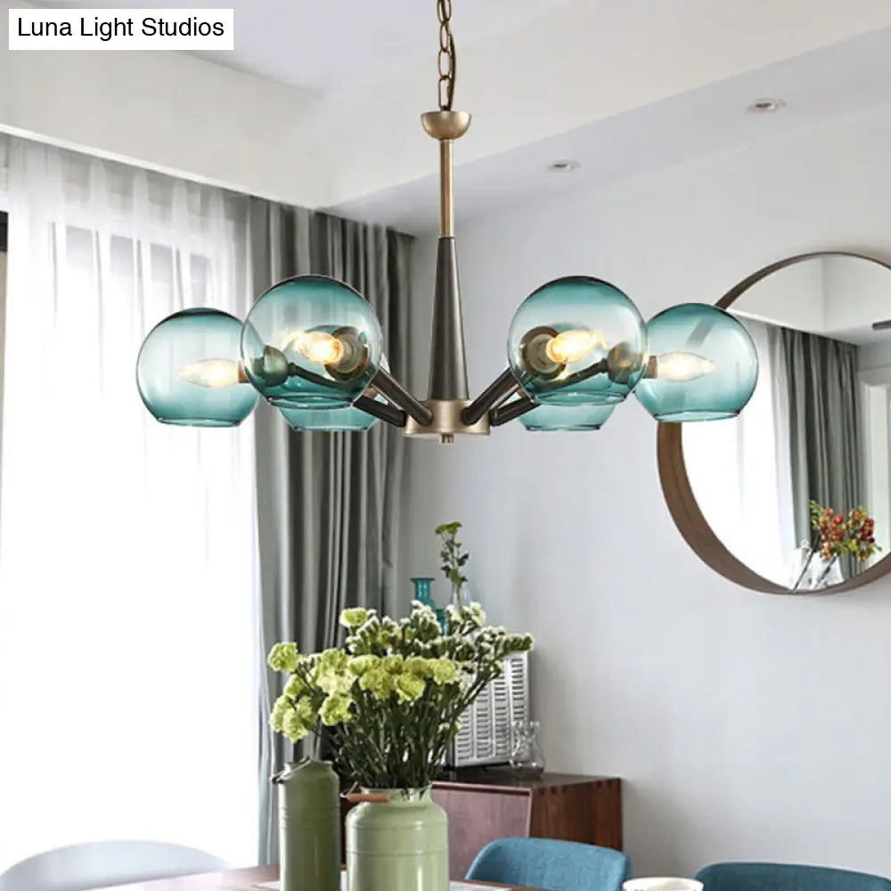 Retro Dome Shade Hanging Chandelier - White/Blue/Clear Glass 6 Light Lounge Pendant With Burst