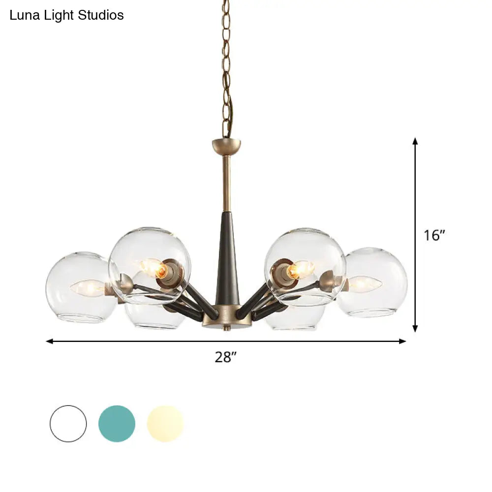 Retro Dome Shade Hanging Chandelier - White/Blue/Clear Glass 6 Light Lounge Pendant With Burst