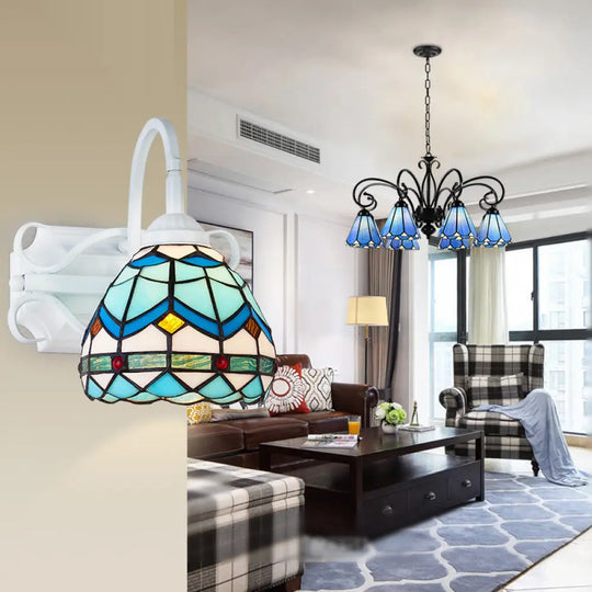 Retro Domed Stained Glass Wall Light Fixture Beige/Blue/Blue-White/White Blue