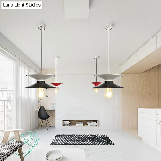 Retro Double Cone Metal Ceiling Pendant Light - Stylish 1-Light Fixture For Dining Room In Black &