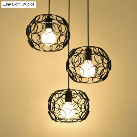 Retro Drum Shade Metal Pendant Lamp With Wire Frame 3 Bulbs And Circles Design In Black / Round