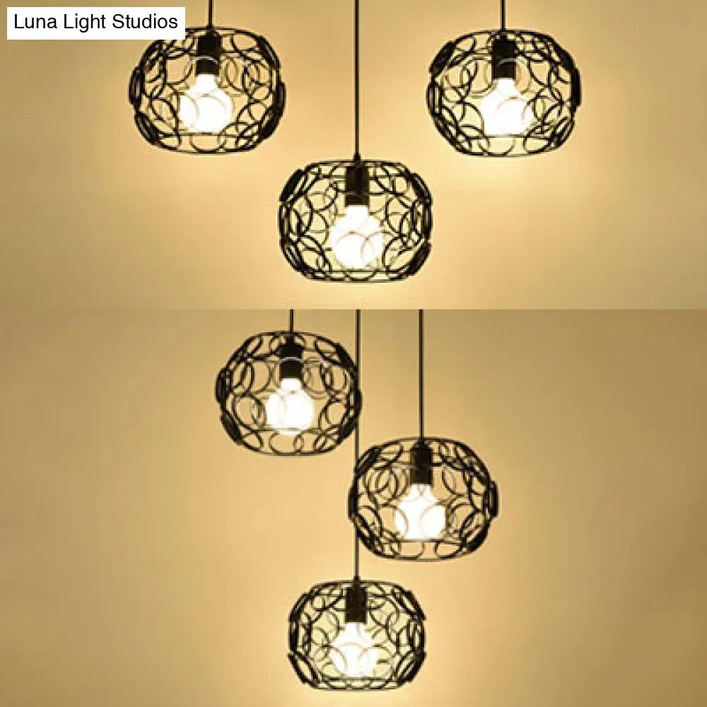 Retro Drum Shade Pendant Lamp With Metal Suspension And Wire Frame In Black - 3 Bulbs Circles Design