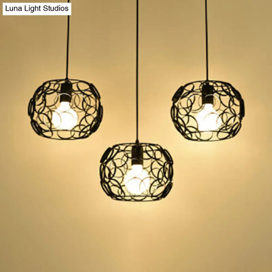 Retro Drum Shade Metal Pendant Lamp With Wire Frame 3 Bulbs And Circles Design In Black / Linear