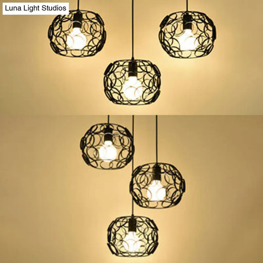 Retro Drum Shade Metal Pendant Lamp With Wire Frame 3 Bulbs And Circles Design In Black