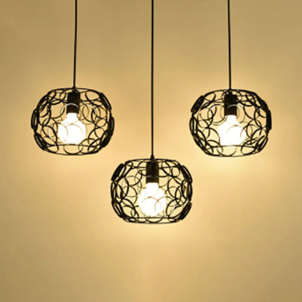 Retro Drum Shade Pendant Lamp With Metal Suspension And Wire Frame In Black - 3 Bulbs Circles