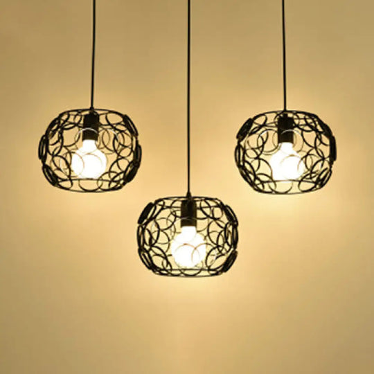 Retro Drum Shade Pendant Lamp With Metal Suspension And Wire Frame In Black - 3 Bulbs Circles