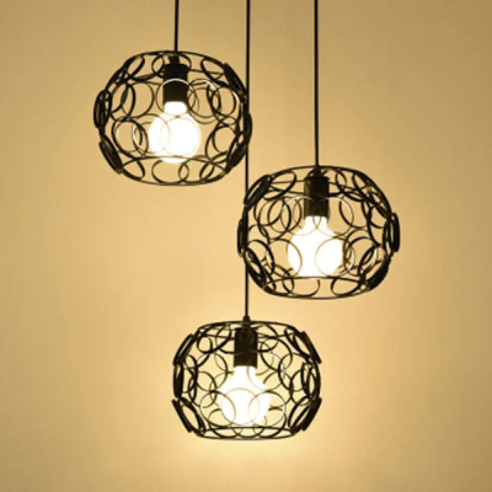 Retro Drum Shade Pendant Lamp With Metal Suspension And Wire Frame In Black - 3 Bulbs Circles