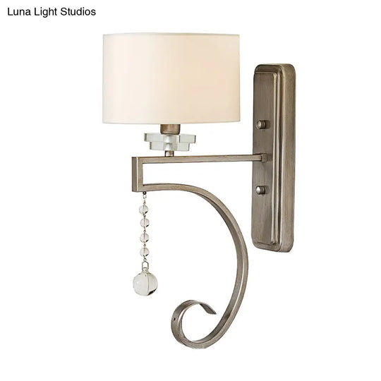 Retro Drum Wall Lamp Fabric Shade Sconce Light With Clear Crystal Bead - White Bedroom Lighting