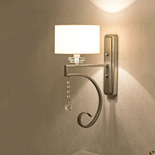 Retro Drum Wall Lamp Fabric Shade Sconce Light With Clear Crystal Bead - White Bedroom Lighting