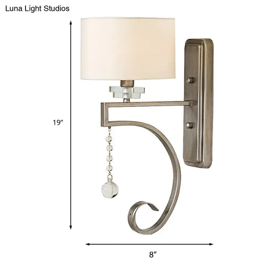 Retro Drum Wall Lamp Fabric Shade Sconce Light With Clear Crystal Bead - White Bedroom Lighting