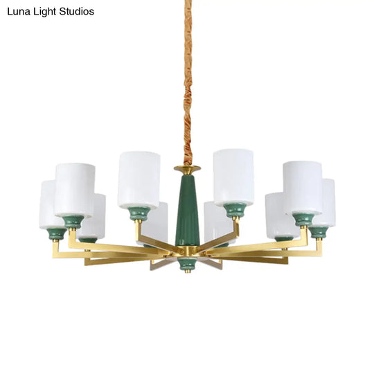 Retro Emerald White Glass Cylindrical Chandelier - Suspended Lighting Fixture With 3/8/12 Lights