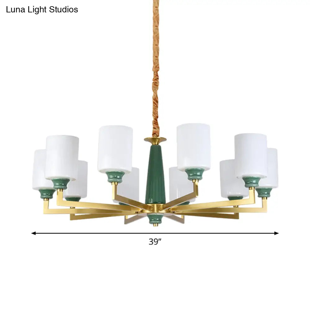 Retro Emerald White Glass Cylindrical Chandelier - Suspended Lighting Fixture With 3/8/12 Lights