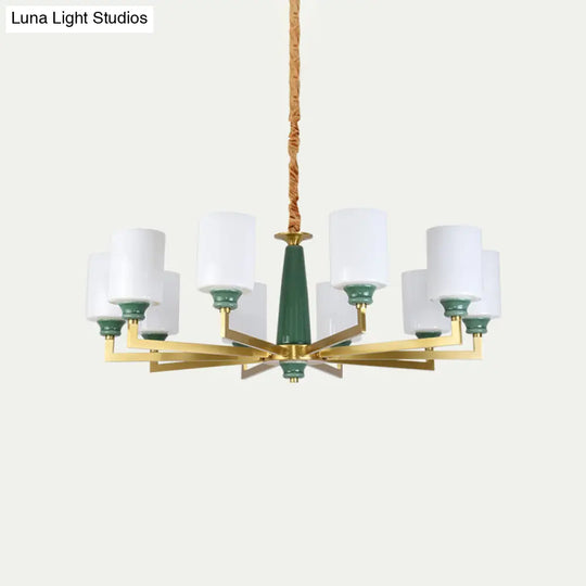 Retro Emerald White Glass Cylindrical Chandelier - Suspended Lighting Fixture With 3/8/12 Lights