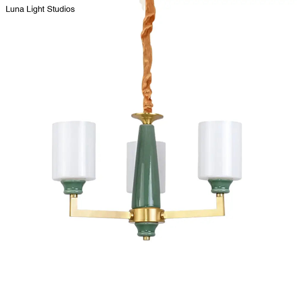 Retro Emerald White Glass Cylindrical Chandelier - Suspended Lighting Fixture With 3/8/12 Lights